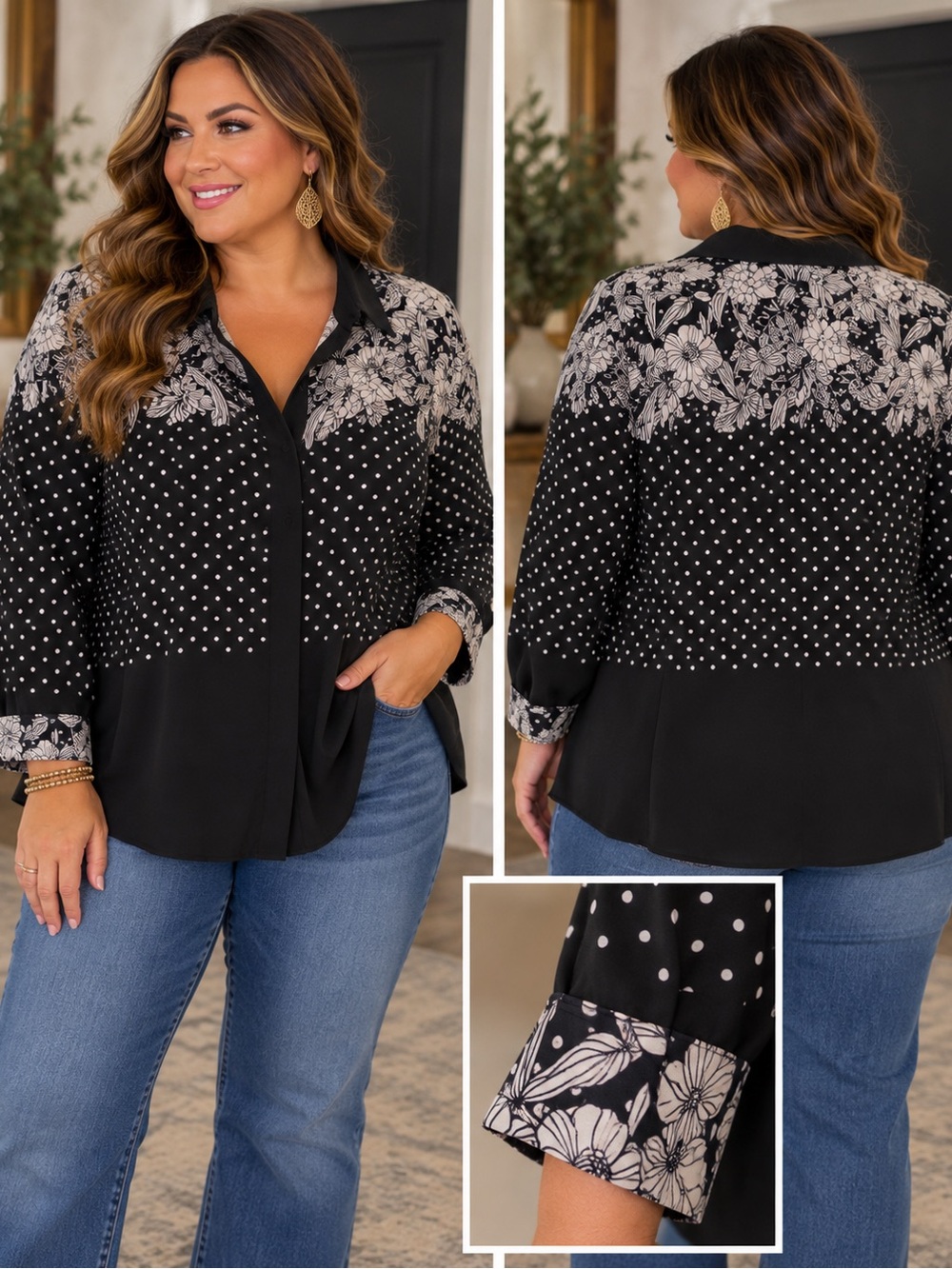 Liz Claiborne Black & Cream Floral Polka Dot Button-Down Shirt